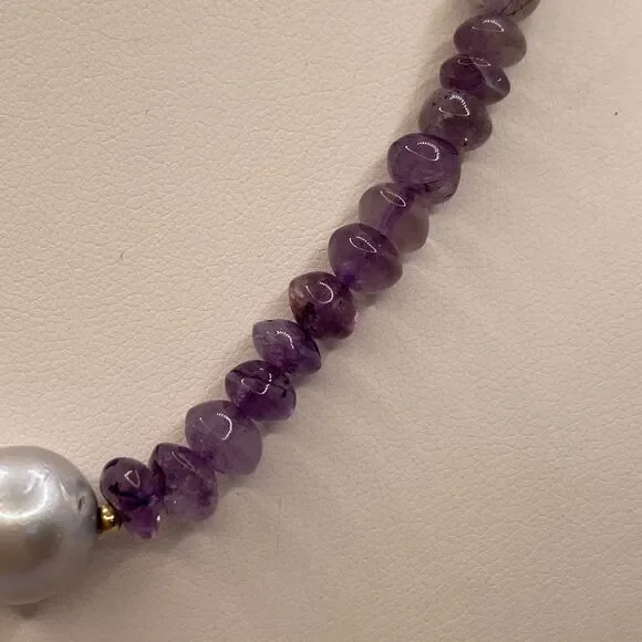 14k Amethyst Bead Necklace with Pearl - Picture 12 of 12
